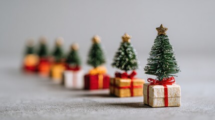 Wall Mural - Miniature Christmas trees on gift boxes arranged in a line with a soft focus background, creating a festive holiday atmosphere.
