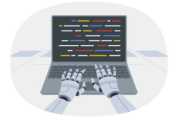 Hands of robot programmer typing code into laptop thanks to development of artificial intelligence. Chat bot with artificial intelligence works in user support and answers frequently asked questions