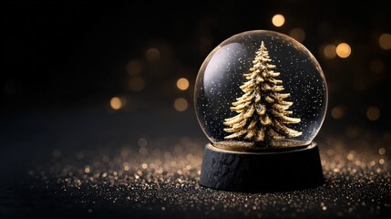 Wall Mural - A festive snow globe with a golden Christmas tree inside, surrounded by shimmering snowflakes, set against a dark, bokeh-lit background.