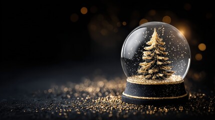 Wall Mural - A snow globe with a golden Christmas tree inside, surrounded by sparkling glitter, set against a dark, festive background.