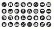 © MR BAT - Collection of various white icons on black circular backgrounds arranged in rows and columns format