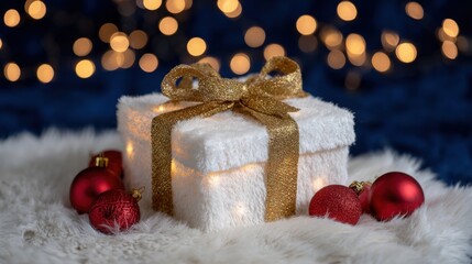 Wall Mural - festive gift box with gold ribbon on white fur, surrounded by red ornaments and warm bokeh lights in