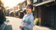 © tele - 着物の女性、古い街並み、夕方、美人、和装、伝統的建築、日本文化、観光地、笑顔、生成AIWoman in Kimono Traditional Townscape at Sunset Beautiful Japanese Architecture Smile Culture AI Generated