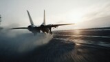 Military jet accelerating on runway with dust and motion blur during takeoff at sunset perfect for defense technology visuals, air force themes and high-speed aviation editorial content