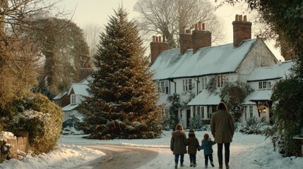 Wall Mural - a family walks toward a snow-covered cottage adorned with a lit christmas tree, creating a cozy wint