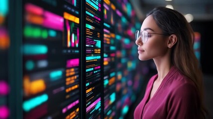 Woman analyzing data on vibrant digital wall