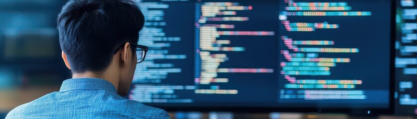 A young software developer intensely examines multiple monitors displaying lines of computer code in a modern office setting, focusing on data analysis.