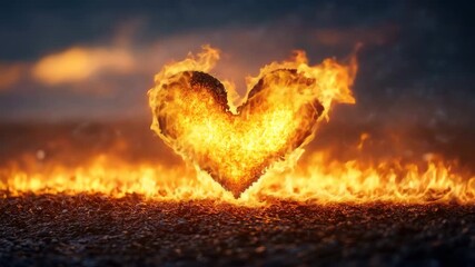 Wall Mural - Fiery heart shape burning with bright orange flame and intense heat, glowing embers radiate passion energy and burning fire in dramatic vivid scene on dark ground creating bright intense atmosphere