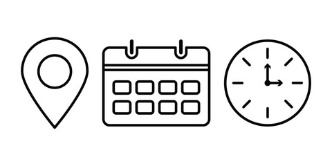 Time, date and address or location icons. place pointer time map elements vectors isolated on transparent background. schedule, time clock vector illustration. 