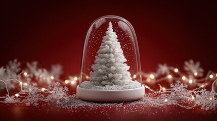 Wall Mural - A snow globe with a white Christmas tree inside, surrounded by snowflakes and warm fairy lights on a red background, creating a festive atmosphere.