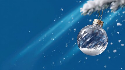 Wall Mural - a clear glass christmas ornament hangs from a snowy branch against a vibrant blue sky, with delicate