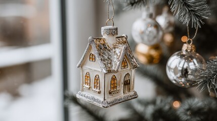Wall Mural - A festive Christmas tree ornament shaped like a house, hanging amidst silver baubles, with a snowy outdoor backdrop visible through a window.
