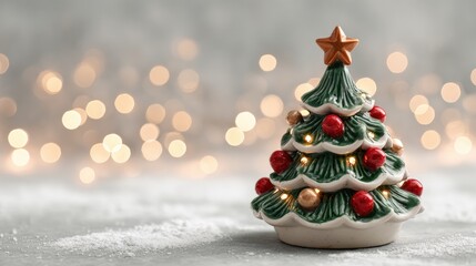Wall Mural - Festive ceramic Christmas tree with lights and ornaments, set against a bokeh background, evoking holiday cheer and warmth.