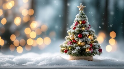 Wall Mural - small decorated christmas tree with lights and ornaments in snowy landscape, with bokeh lights in th