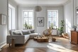 © HO - Scandinavian-inspired living room with classic wooden floor, modern furnishing elements