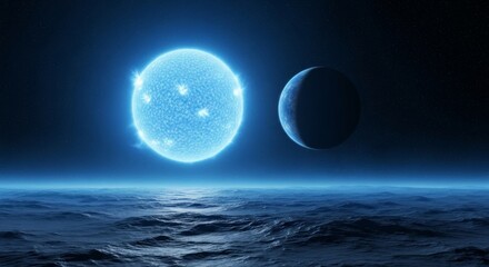 Wall Mural - celestial blue straggler and moonlit ocean - a serene cosmic landscape featuring a radiant blue stra