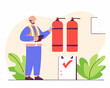 © Shakir - Fire safety inspector examining fire extinguishers during inspection with checklist illustrating a successful safety checkup.
