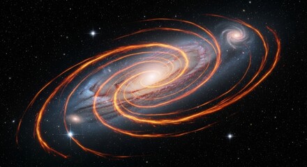 Wall Mural - cosmic spiral dance - a mesmerizing spiral galaxy, vibrant orange energy swirls, cosmic dust, distan