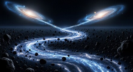 Wall Mural - celestial river of starlight - a cosmic river of starlight flows between two majestic galaxies, symb
