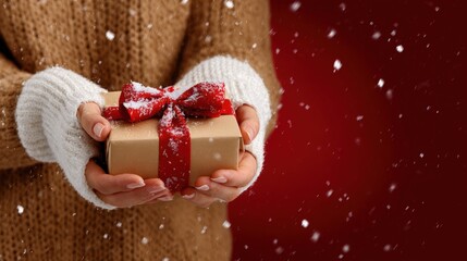 Wall Mural - hands in cozy sweater holding a gift box with a red ribbon against a snowy red background.