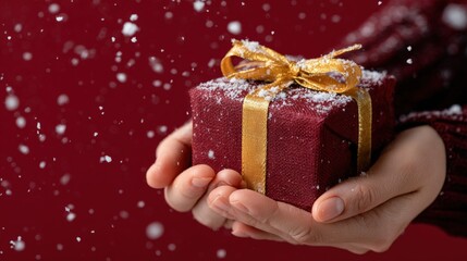 Wall Mural - hands holding a red gift box with a golden ribbon, dusted with snowflakes, against a red background,