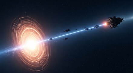 Wall Mural - pulsar lighthouse: galactic fleet - a fleet of spaceships navigates a cosmic beam emanating from a r
