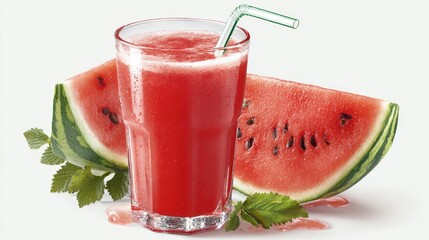 Wall Mural - Fresh watermelon juice in a glass with a straw, accompanied by watermelon slices and mint leaves on a white background.