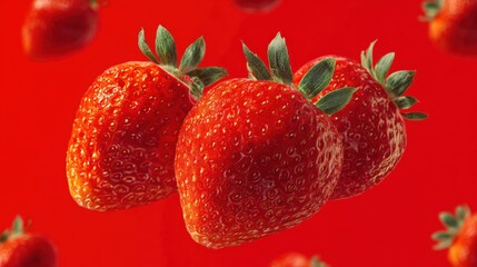 Wall Mural - Close-up of fresh strawberries with green leaves against a vibrant red background, highlighting their texture and vivid color.