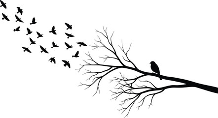 silhouette of a flock of birds flying away from a bare tree branch with one bird perched