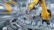 © Diffin - A robotic arm operates on an automated conveyor belt, handling plastic bottles in a modern industrial setting, illustrating advanced manufacturing technology.