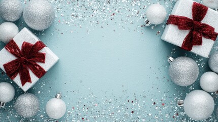Wall Mural - Festive Christmas scene with silver ornaments, glitter, and gift boxes wrapped with red bows on a light blue background.
