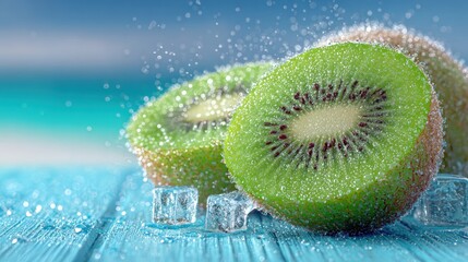 Wall Mural - Fresh kiwi slices with water droplets on a blue wooden surface, surrounded by ice cubes, against a blurred ocean background.
