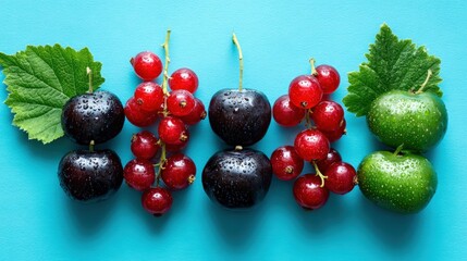 Wall Mural - Fresh cherries, currants, and apples with leaves on a vibrant blue background, showcasing colorful and healthy summer fruits with water droplets.