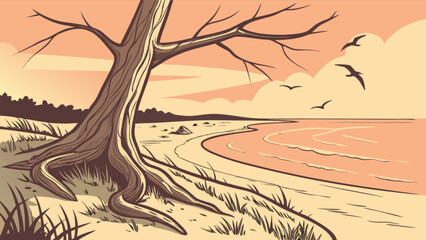 beach landscape drawing with tree and birds vector illustration nature scene graphic design art seas