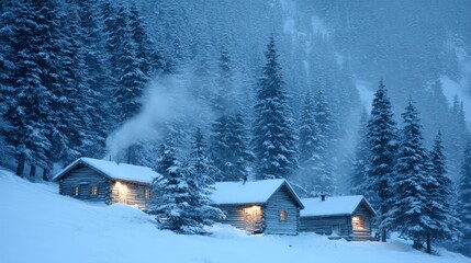 Wall Mural - snow-covered log cabins nestled in a tranquil, dense forest with glowing windows and smoke rising fr