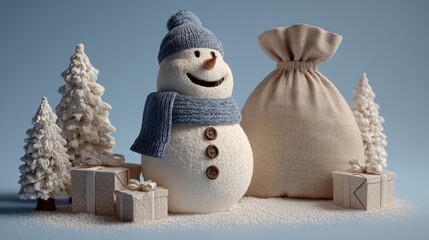 Wall Mural - a cheerful snowman with a blue scarf and hat, surrounded by snowy trees, gift boxes, and a sack, set