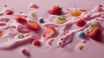 Wall Mural - Fresh fruits and yogurt create a vibrant mix on a pink background, featuring strawberries, kiwi, blueberries, and orange slices in creamy swirls.