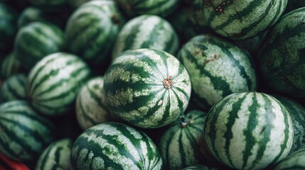 Wall Mural - Close-up of a pile of fresh watermelons with green striped rinds, showcasing their natural texture and vibrant color.