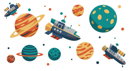 Wall Mural - retro space adventure: colorful planets and rocket ships in flat design