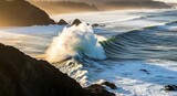 Dramatic coastal scene with powerful ocean waves crashing against rugged cliffs coast