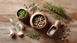 © Achirawee - top view of wooden table with scattered herbs and spices