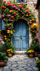  Charming stone villa entrance with blue door, vibrant flowers, and warm sunlight.
