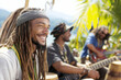 © ธีรเชษฐ์ ชิณวงศ์ - Joyful Rastafarian gathering with musicians playing instruments in vibrant outdoor setting, surrounded by nature