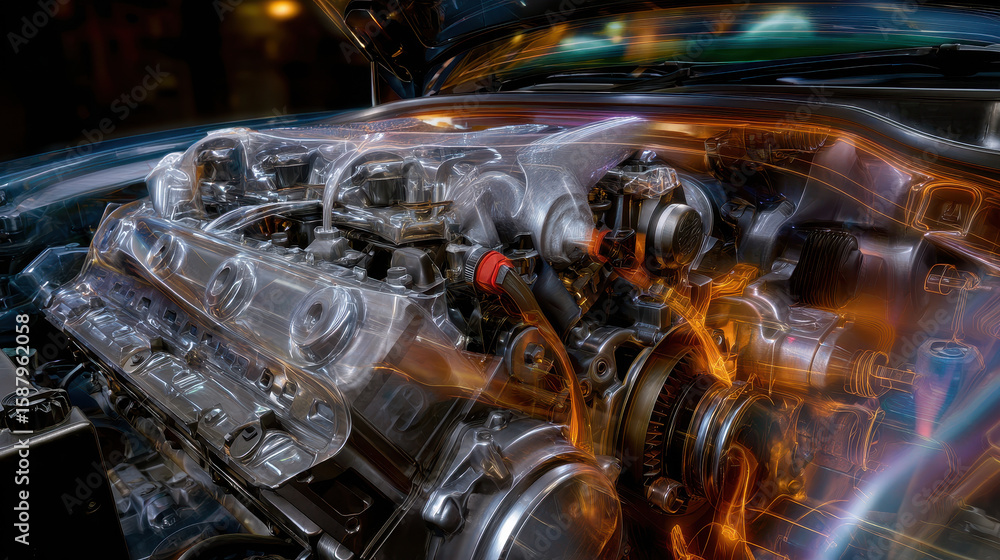 Car engine close up with glowing mechanical parts and transparent ...