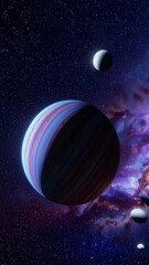 Wall Mural - jupiter-like planet rotating in colorful nebula with moons