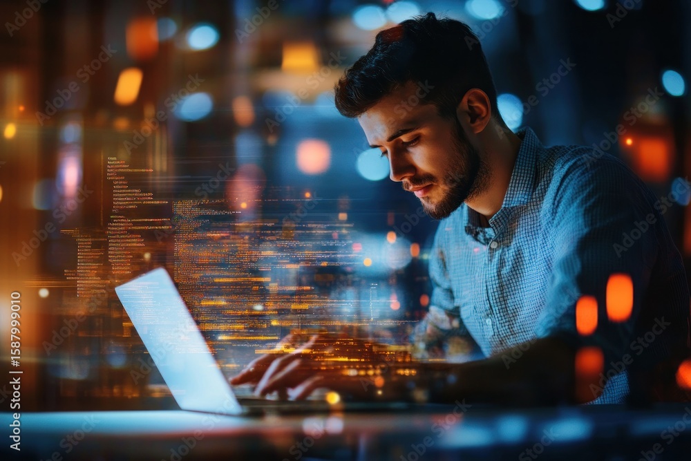 Guy In Technology Tech start scene, man engaging with digital work on laptop Stock Photo ...