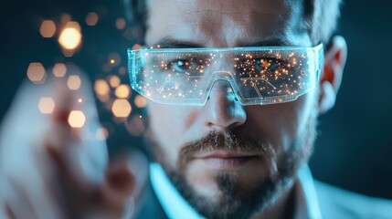 Wall Mural - tech businessperson using augmented reality glasses in a high tech environment.