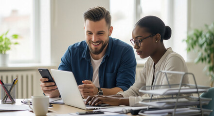 Colleagues working together at a desk, using a laptop and smartphone, demonstrating teamwork, diversity, and professional communication.one in office