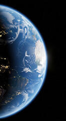 satellite image of earth from outer space, showing continents, clouds, blue oceans, and illuminated 