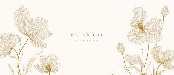 Wall Mural - Gold Flower hand drawn on wv background vector. Natural botanical elegant poppy floral with gold line art. Luxury illustration for decoration, wall decor, wallpaper, cover, banner, package, card.